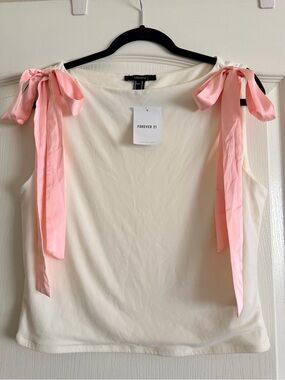 Forever 21 Cream Tank Top with Pink Tie Shoulder Bows